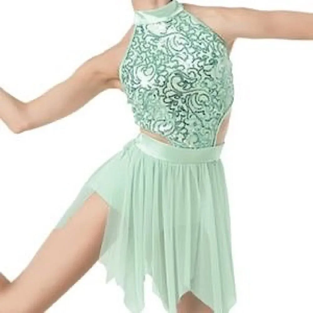 WEISSMAN Dance Costume mint aqua sequin WAITING GAME 10271 mesh cut out adult LA
